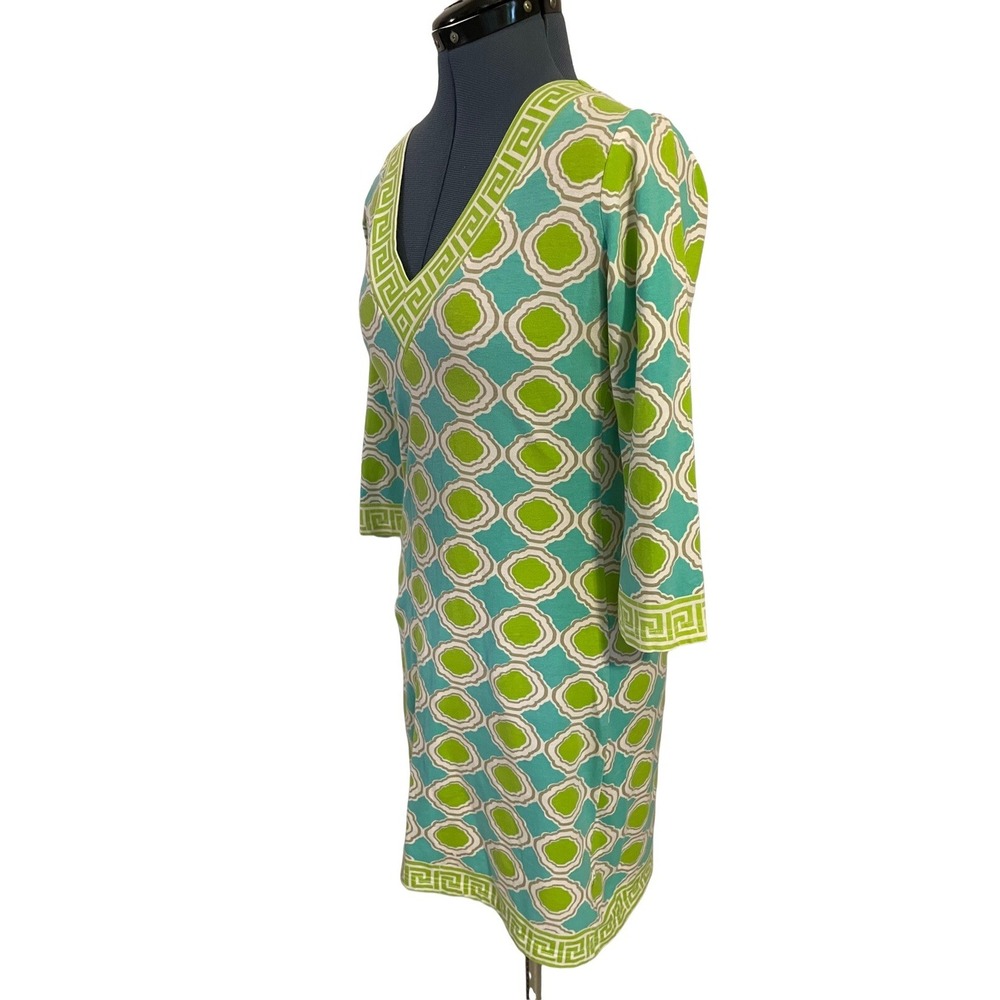 Barbara Gerwit Blue Green Geo Scroll  Print‎ V Neck Sheath Dress Resortwear XS - Picture 3 of 5